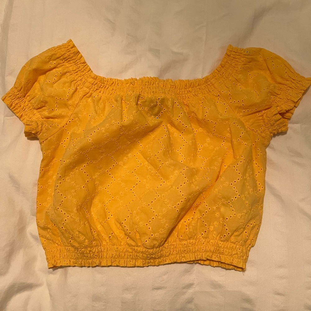 Ruffled Mustard Yellow Off The Shoulder Divided Crop Top